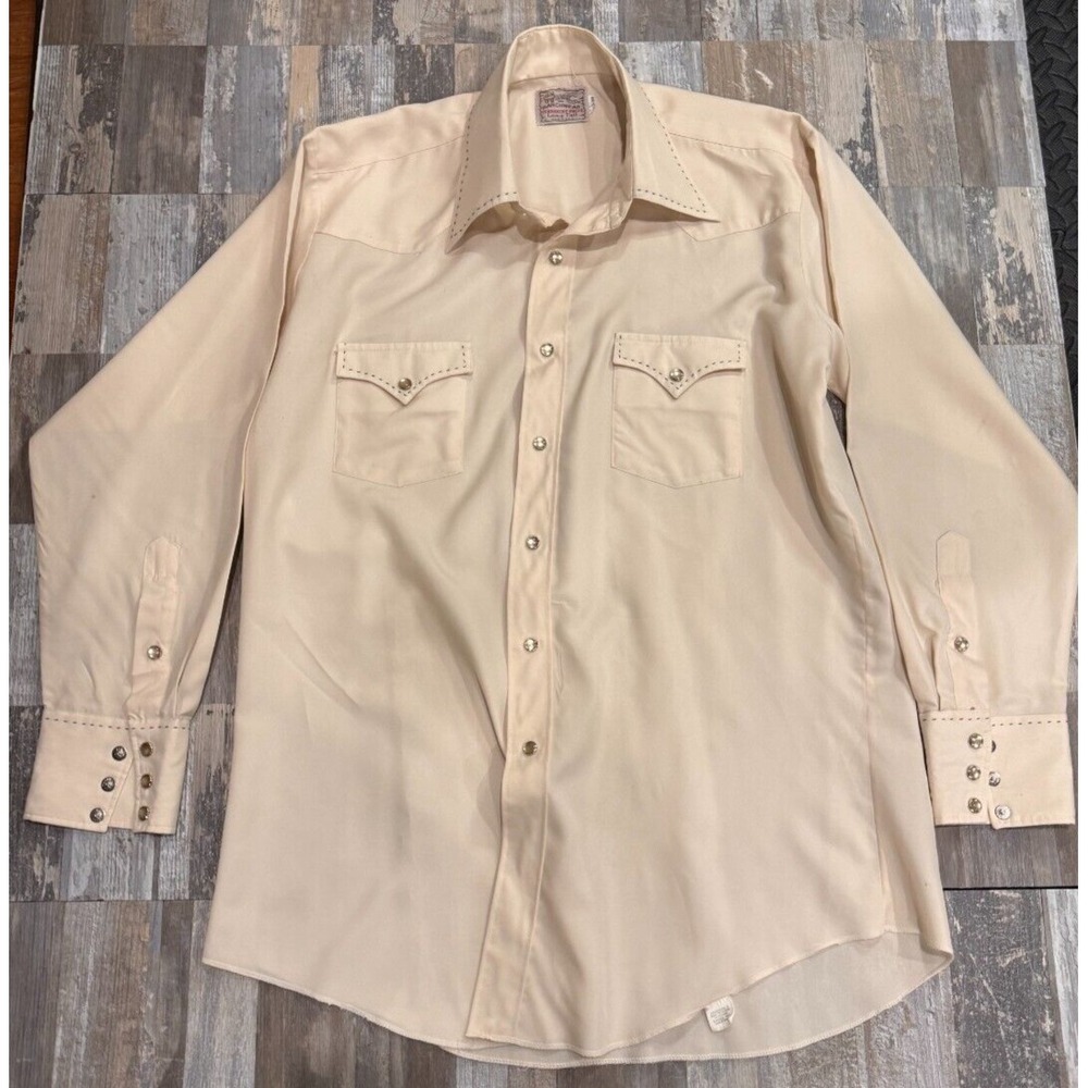 Vtg H Bar C Ranchwear Tan Shirt 70s USA Made Sz 10.5 /33 Long Tails